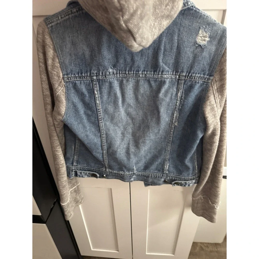 Free People Denim Hooded Jacket Blue Distressed Mixed‎ Media Knit Sleeve Small